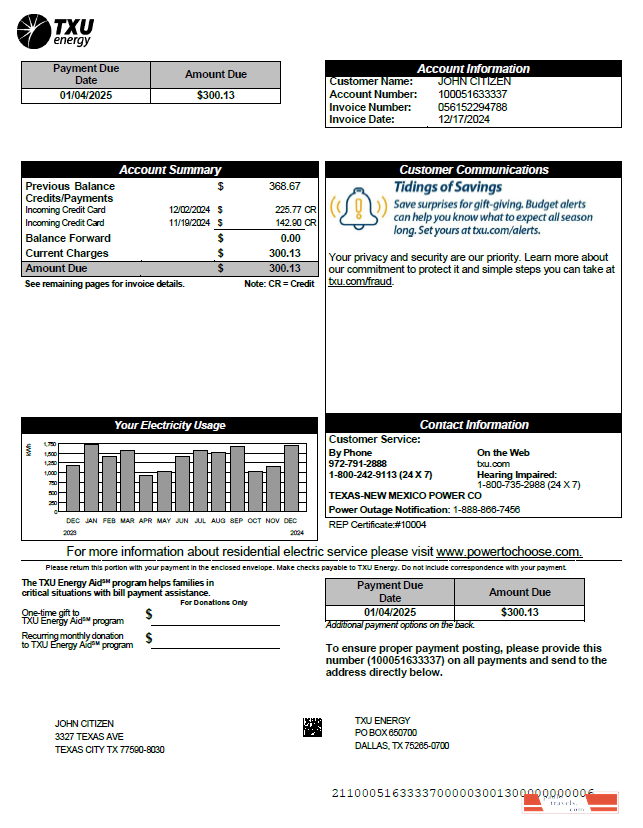 USA TXU Energy utility bill template in Word and PDF formats, version 3